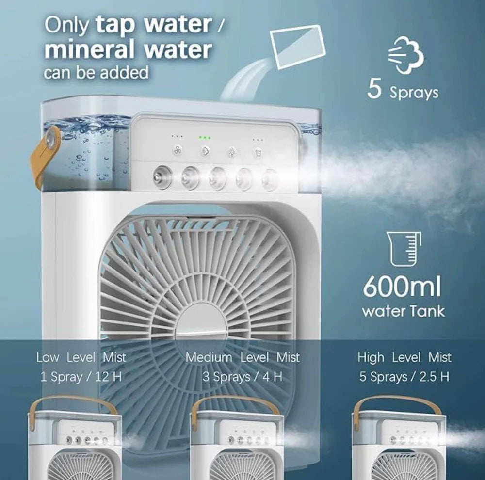 Portable Air Conditioner Fan 3 Wind Speeds 600ml Air Humidifier 7s LED Night Light Personal Cooling Fan Air Cooler Ice Air Cooler Fan Sprays 2 Year Warranty