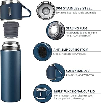 Velocious® Stainless Steel Thermo 500ml/16.9oz Vacuum Insulated Bottle with 3 Cup for Coffee Hot Drink and Cold Drink Water Flask